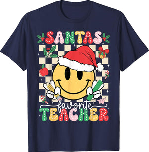 Santas Favorite Teacher Retro Groovy Smile Face Christmas T-Shirt - T-Shirt | Navy