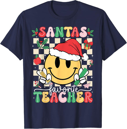 Santas Favorite Teacher Retro Groovy Smile Face Christmas T-Shirt - T-Shirt | Navy