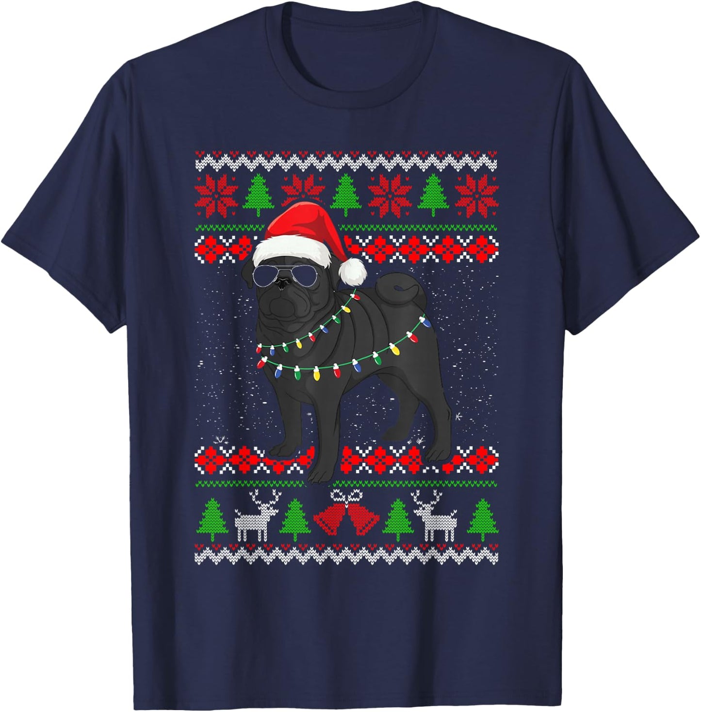 Black Pug Christmas Tree Dog Mom Dad Ugly Sweater Christmas T-Shirt - T-Shirt | Navy