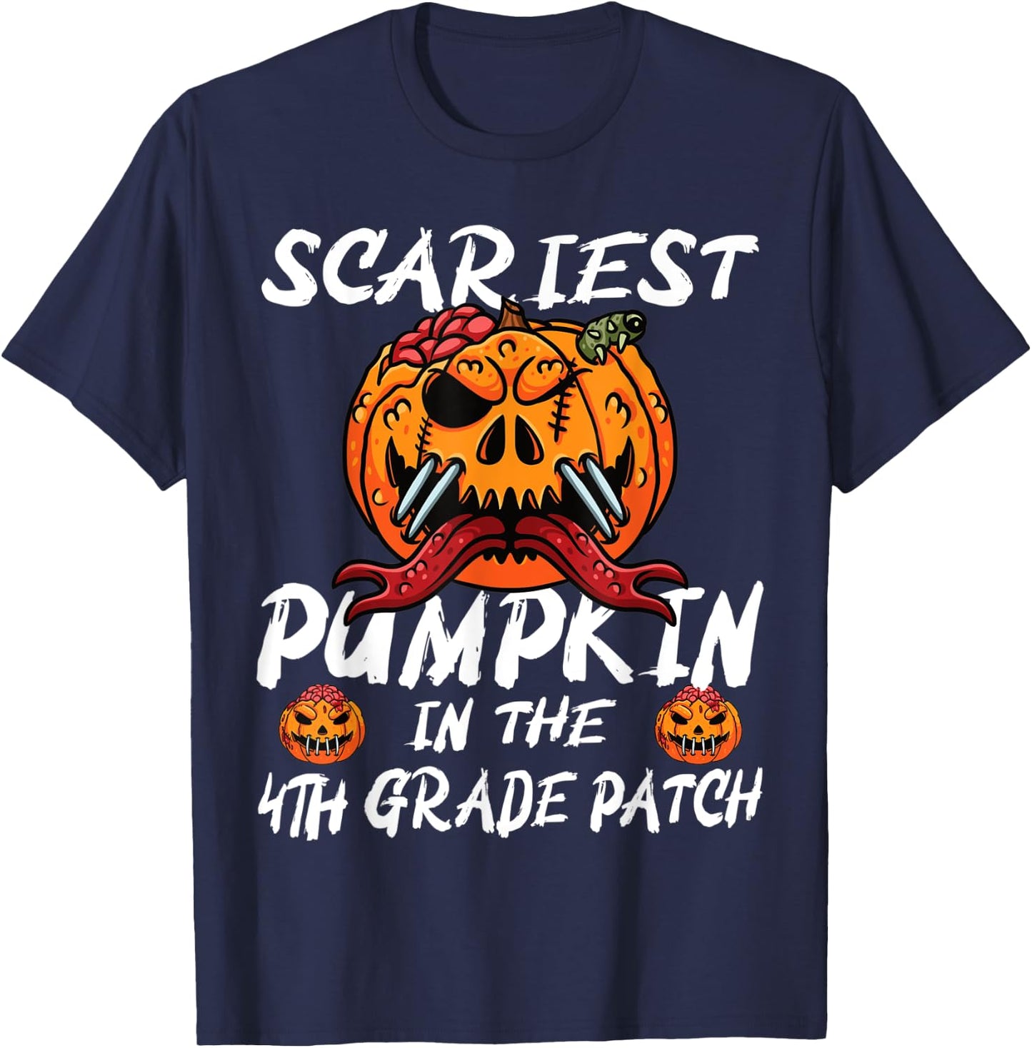 Kids Scariest Pumpkin 4th Grade Patch School Halloween Boy T-Shirt - T-Shirt | Navy