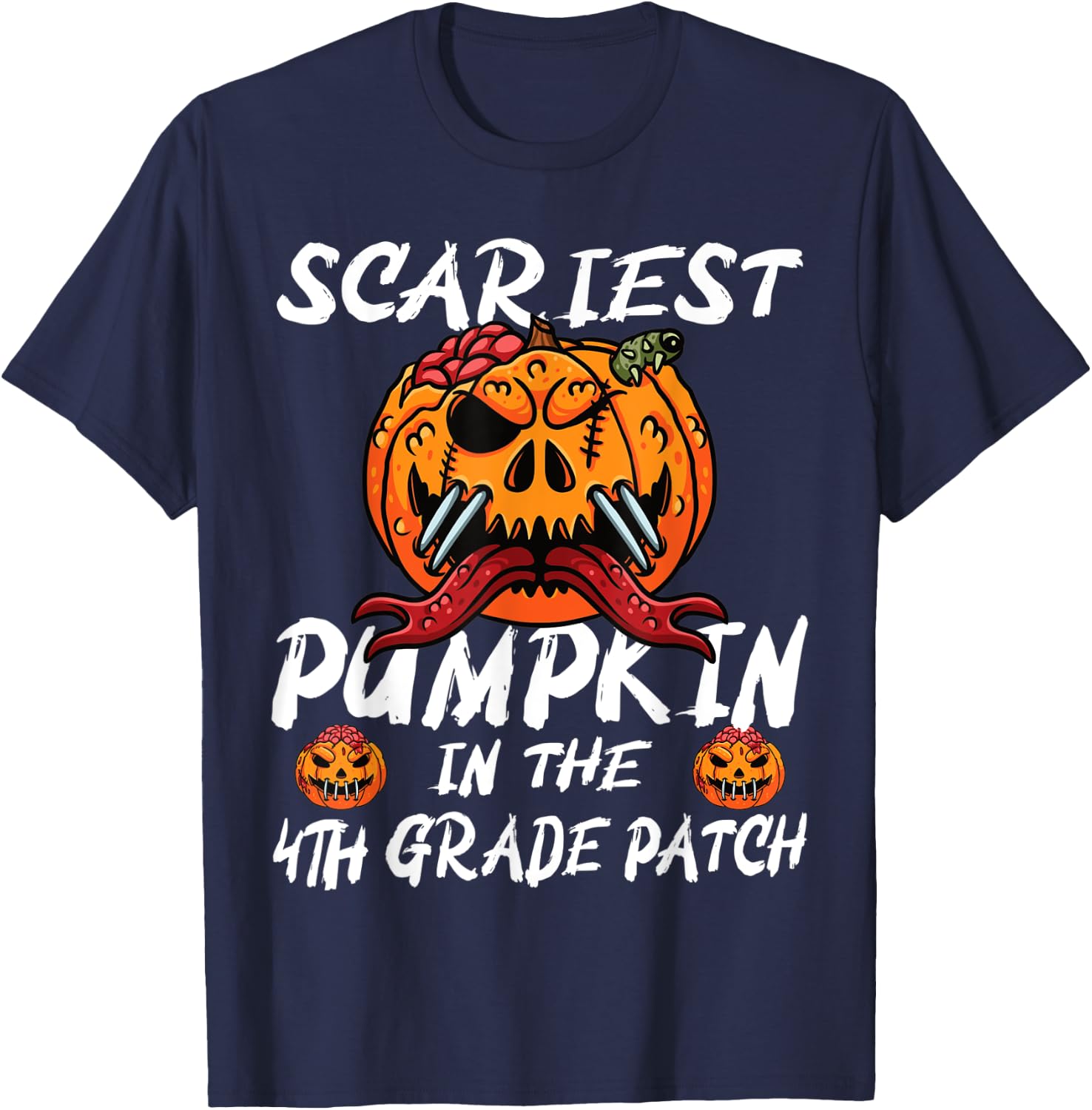 Kids Scariest Pumpkin 4th Grade Patch School Halloween Boy T-Shirt - T-Shirt | Navy