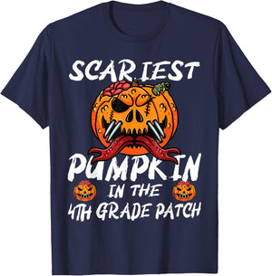 Kids Scariest Pumpkin 4th Grade Patch School Halloween Boy T-Shirt - T-Shirt | Navy