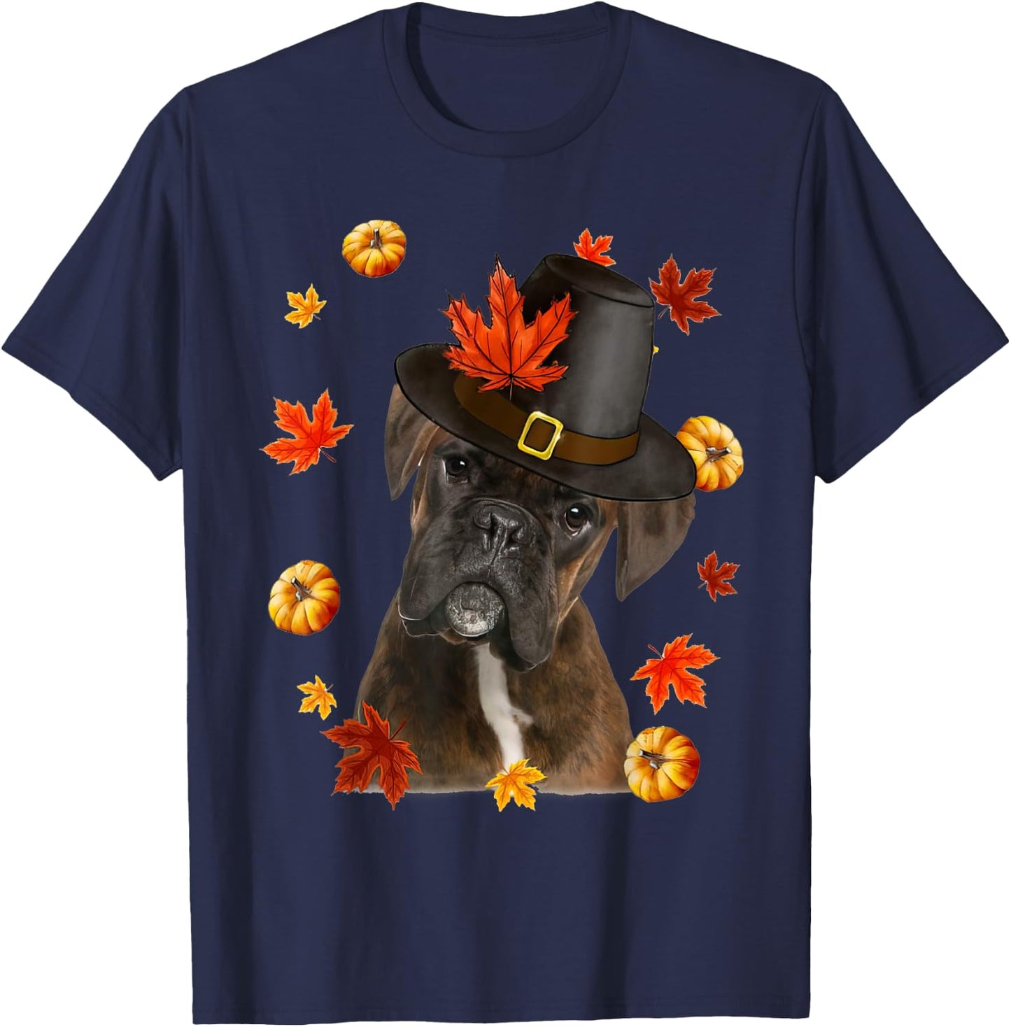 Boxer Dog Pilgrim Hat Fall Happy Thanksgiving Day T-Shirt - T-Shirt | Navy