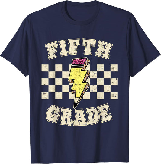 Retro 5th Fifth Grade Teacher Lightning Bolt Teacher Kids T-Shirt - T-Shirt | Navy