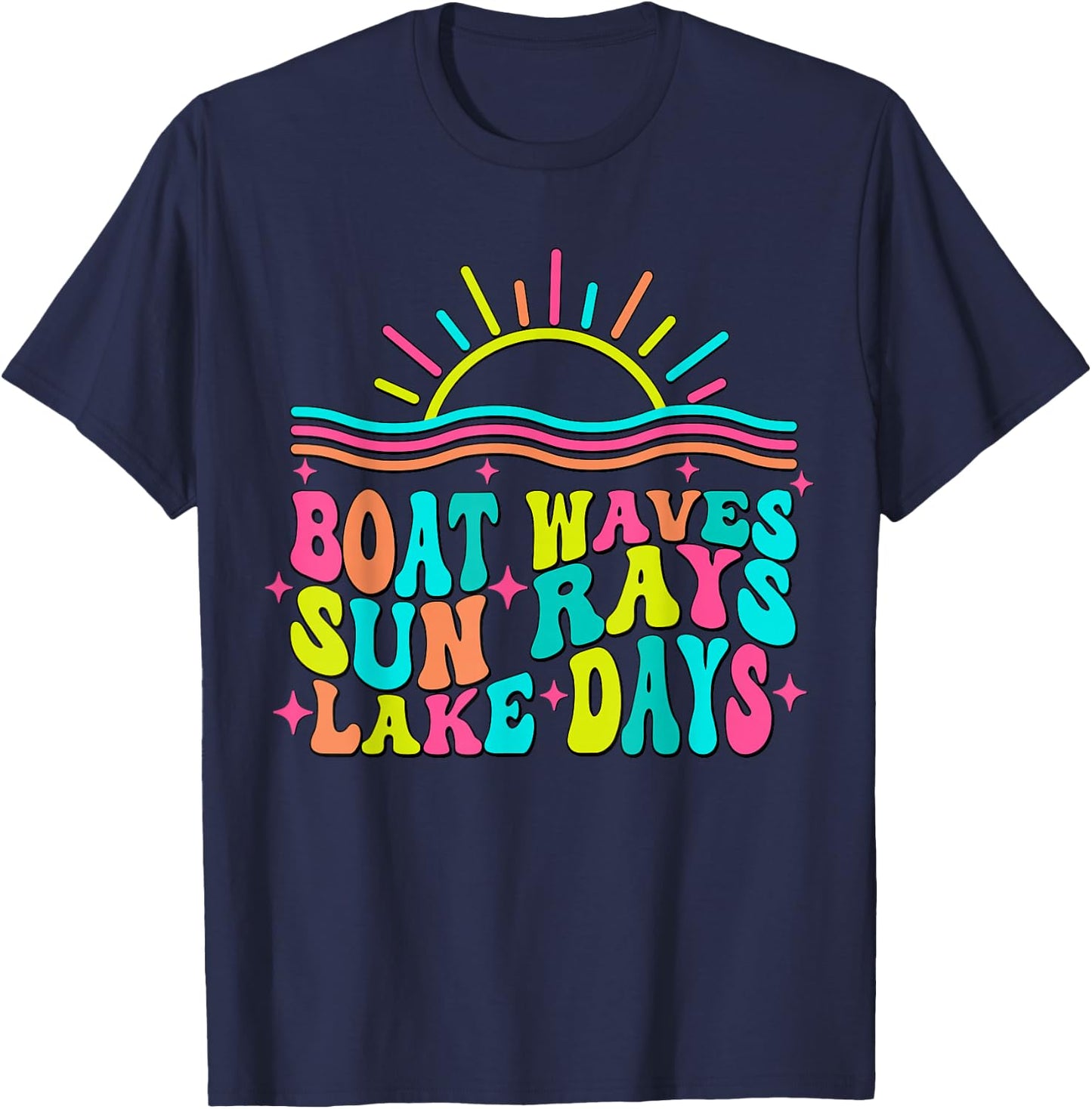 Boat Waves Sun Rays Lake Days Retro Summer vacation T-Shirt - T-Shirt | Navy