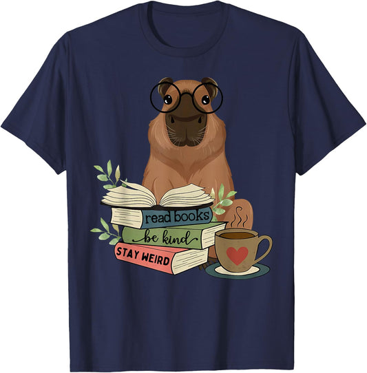 Capybara Glasses Reading Books Capybara Nerd Bookworm T-Shirt - T-Shirt | Navy