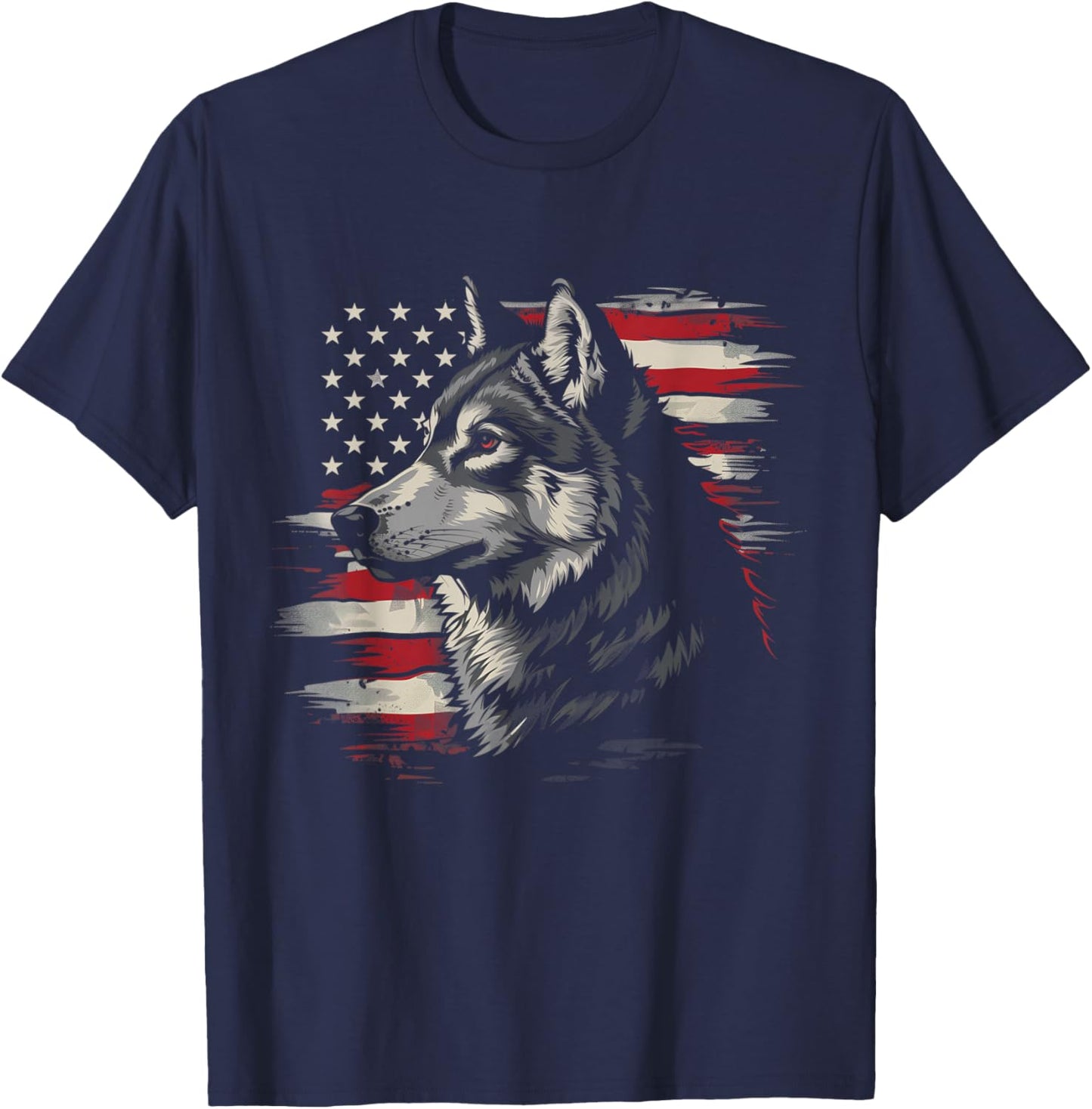 Wolf American Flag USA Patriotic Wolf Lover T-Shirt - T-Shirt | Navy