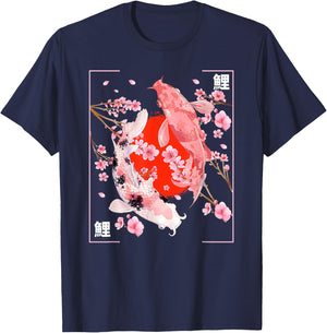 Japanese Cherry Blossom Koi Carp Fish Sakura Aesthetic Art T-Shirt - T-Shirt | Navy