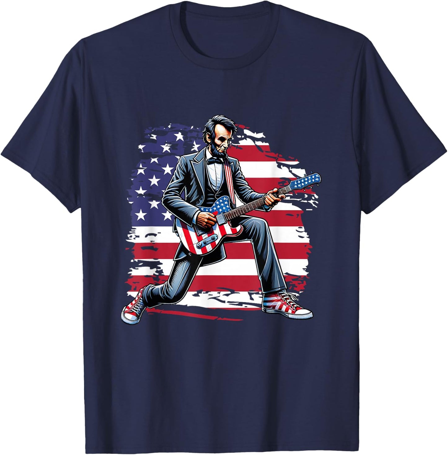 American Flag Patriotic Rock Guitar Abe Lincoln 4th Of July T-Shirt - T-Shirt | Navy