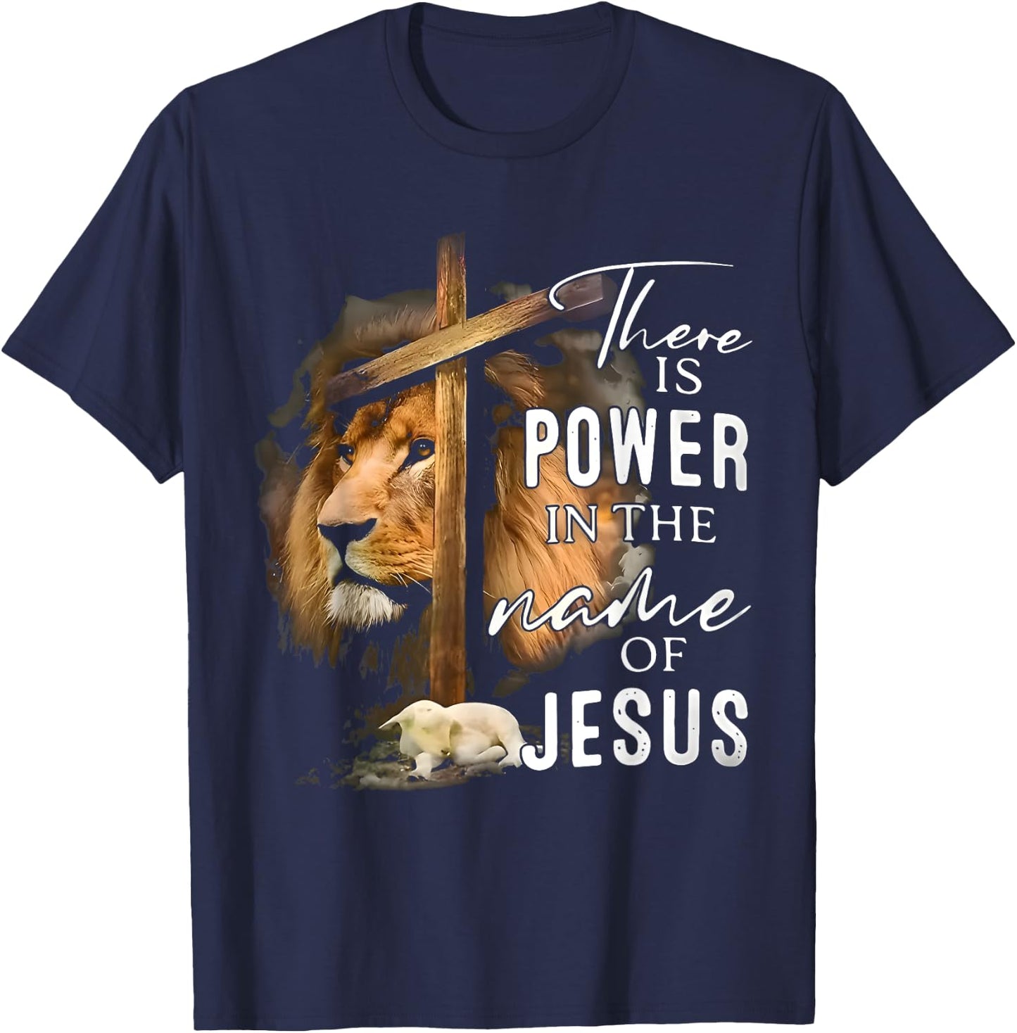 There is Power in the Name Jesus Faith Lion Christian Christ T-Shirt - T-Shirt | Navy