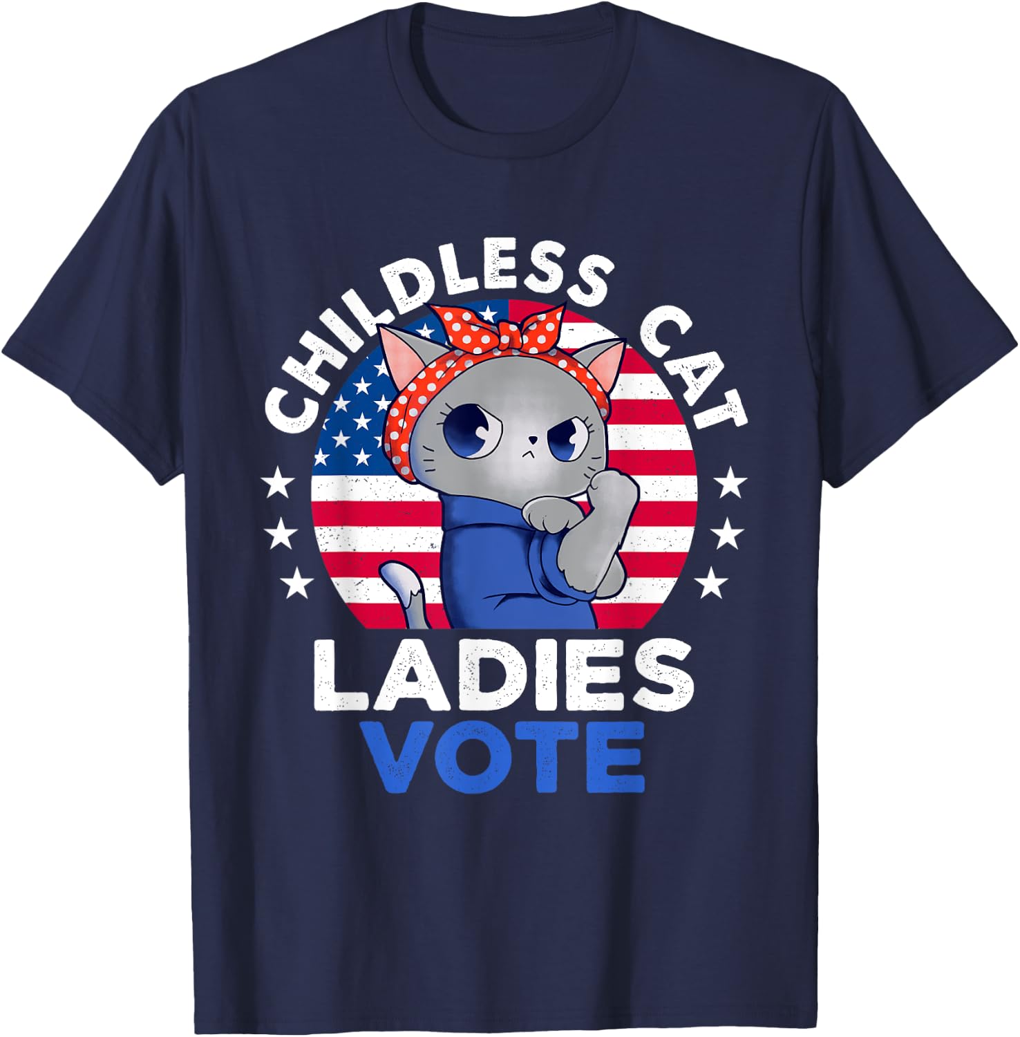 Childless Cat Ladies Vote Funny Vintage Usa Flag Cat Lovers T-Shirt - T-Shirt | Navy
