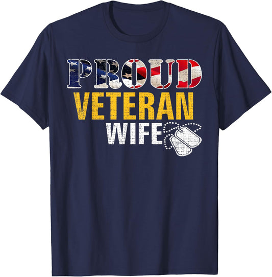 Vintage Proud Veteran Wife With American Flag Military Gift T-Shirt - T-Shirt | Navy