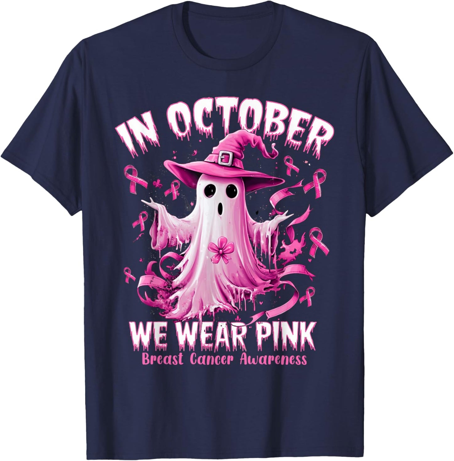 In October We Wear Pink Ghost Witch Breast Cancer Awareness T-Shirt - T-Shirt | Navy