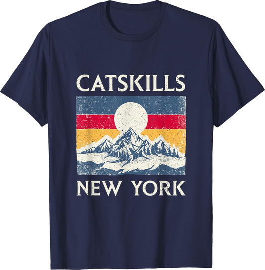 Vintage 70s 80s Sunset Mountain Catskills New York Hiking T-Shirt - T-Shirt | Navy