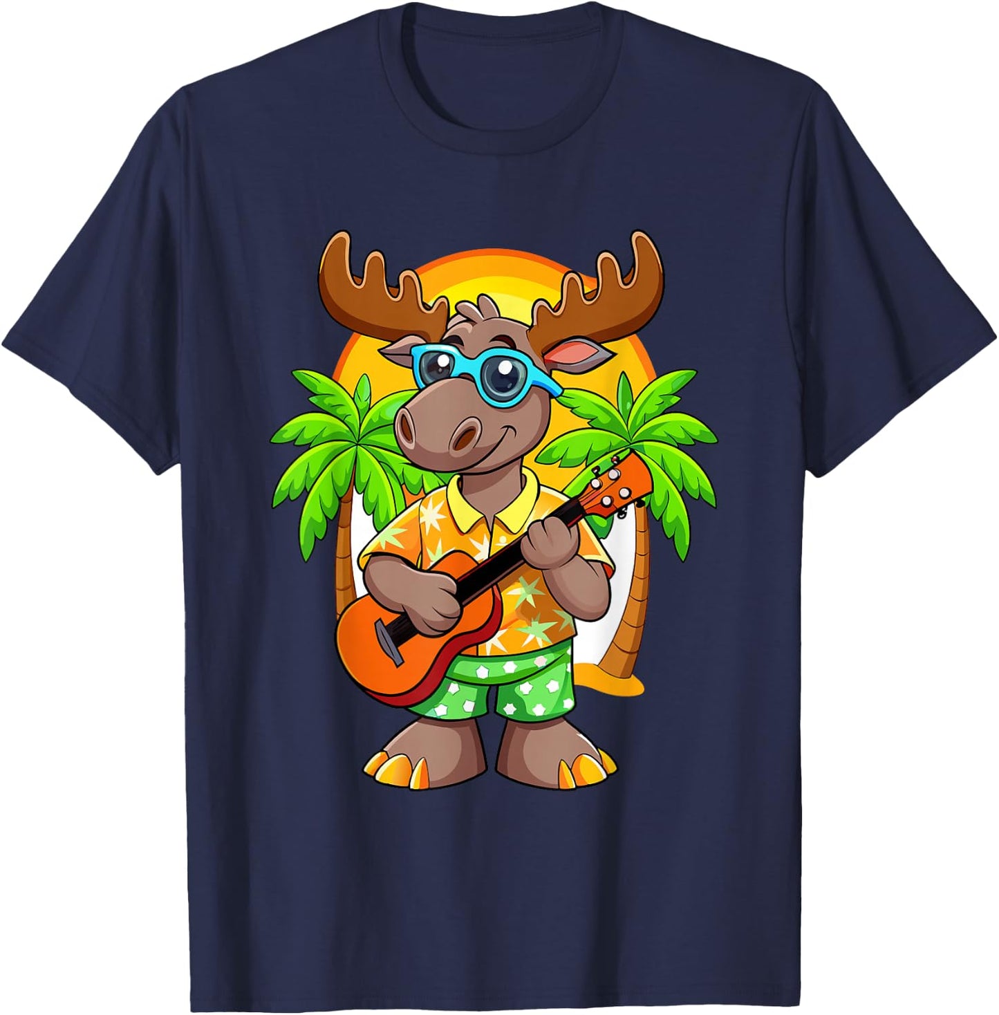 Funny Moose Summer Beach Sunglasses Hawaiian with Ukelele T-Shirt - T-Shirt | Navy