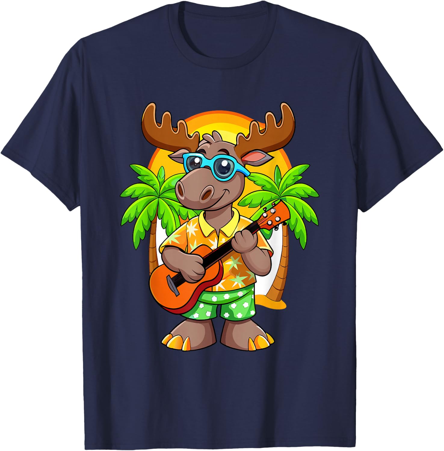 Funny Moose Summer Beach Sunglasses Hawaiian with Ukelele T-Shirt - T-Shirt | Navy