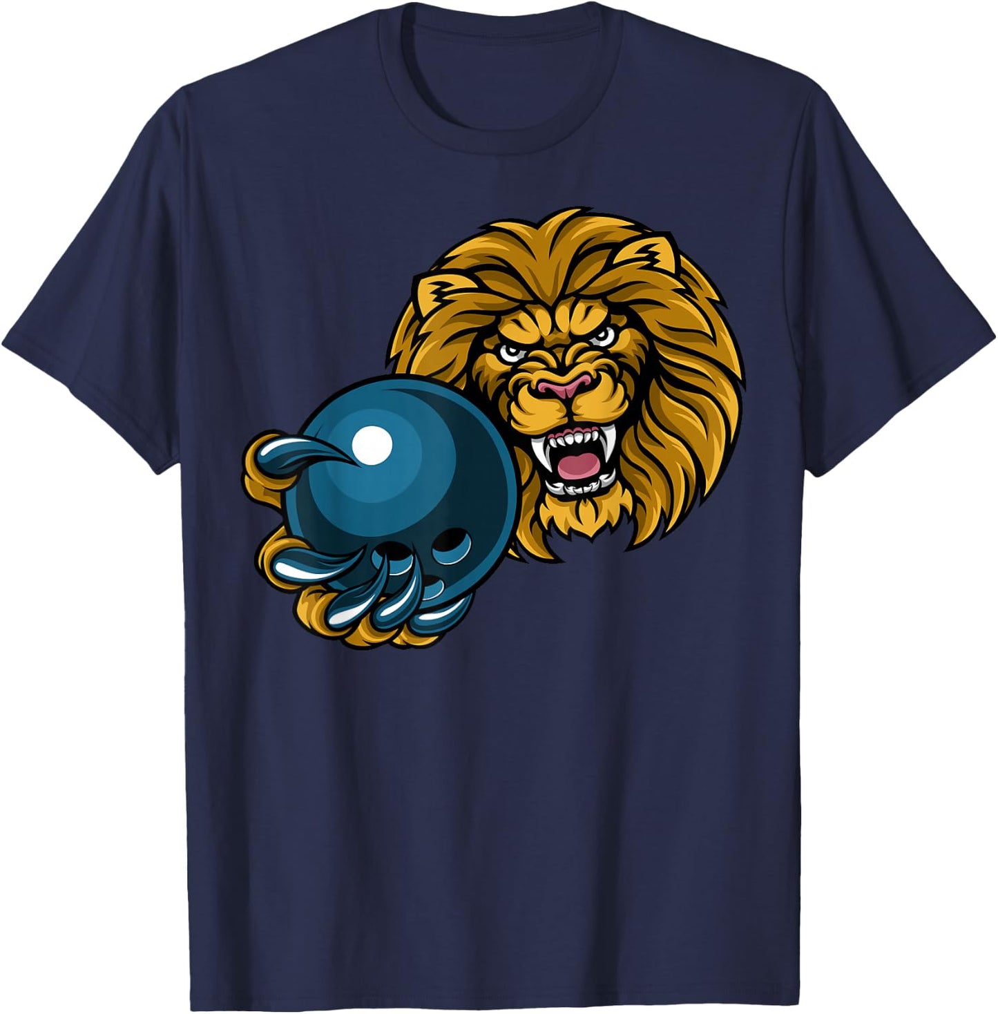 Lion Cartoon Sports Lions Team Mascot Holding Bowling Ball T-Shirt - T-Shirt | Navy