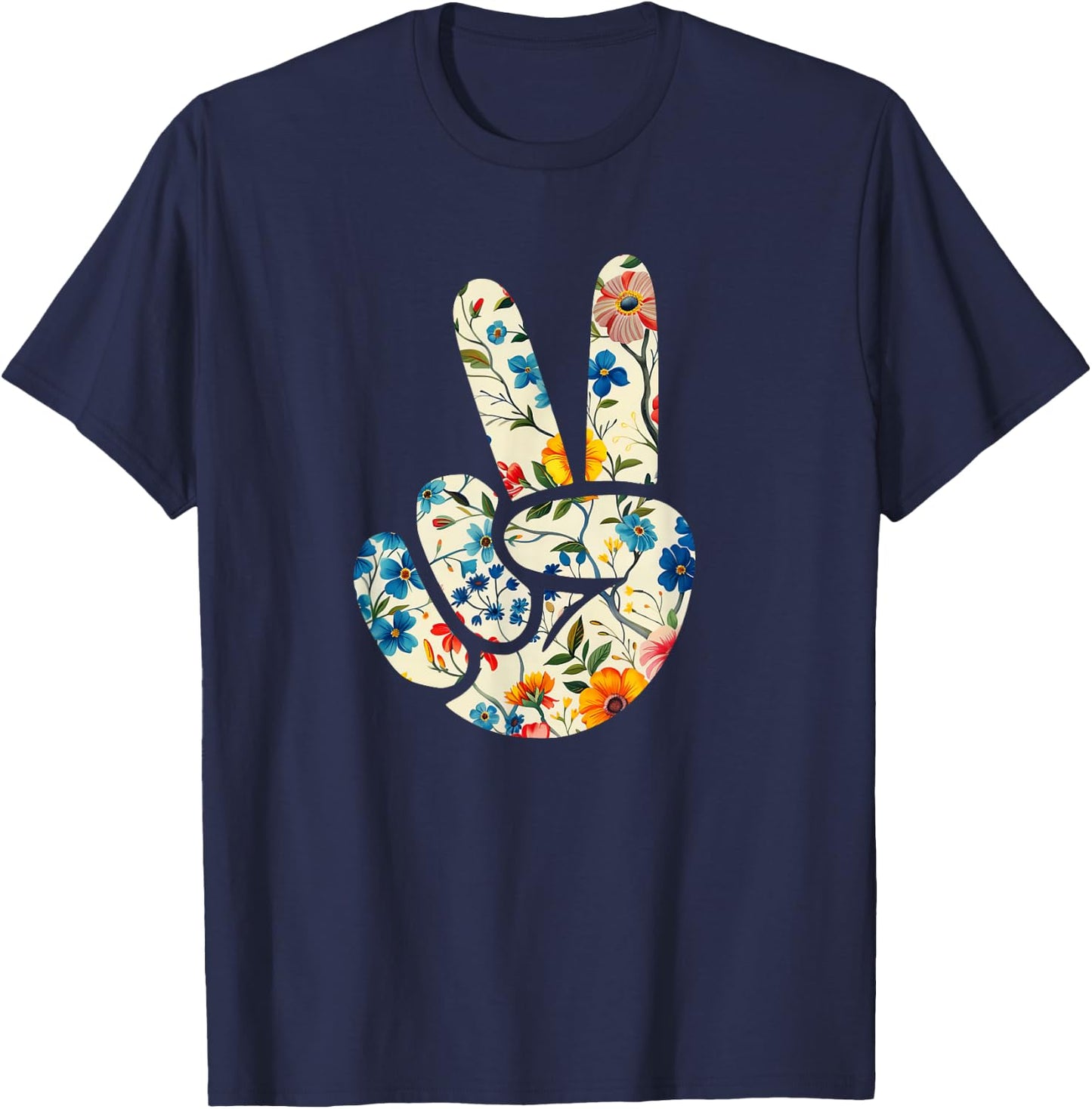 Elegant Silhouette Wildflowers Floral Peace Sign Hand T-Shirt - T-Shirt | Navy