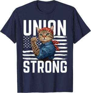 Union Strong Cat USA Flag Labor Day Patriotic and Cat Lover T-Shirt - T-Shirt | Navy