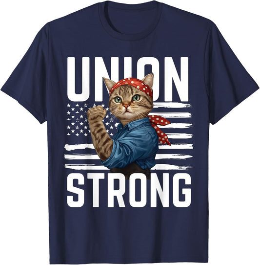 Union Strong Cat USA Flag Labor Day Patriotic and Cat Lover T-Shirt - T-Shirt | Navy