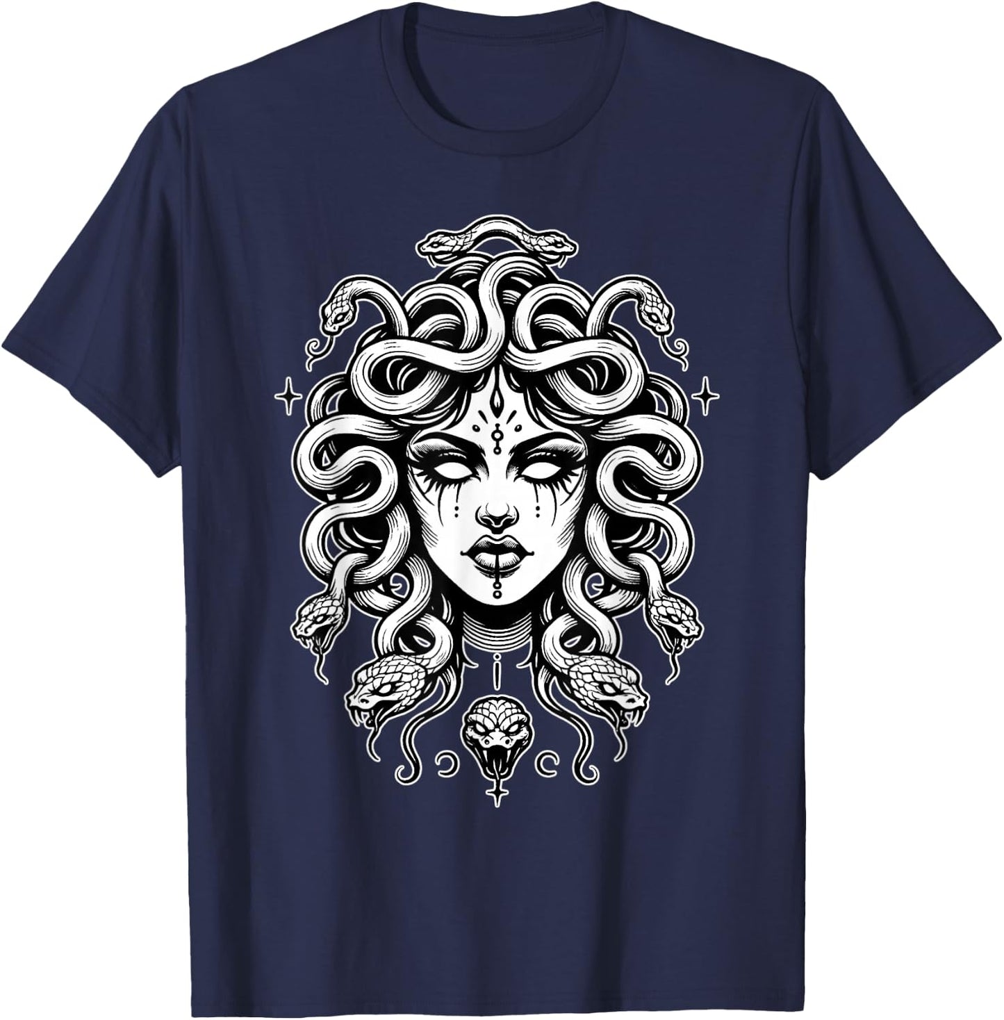 Gothic Medusa Greek Mythology Blackwork T-Shirt - T-Shirt | Navy