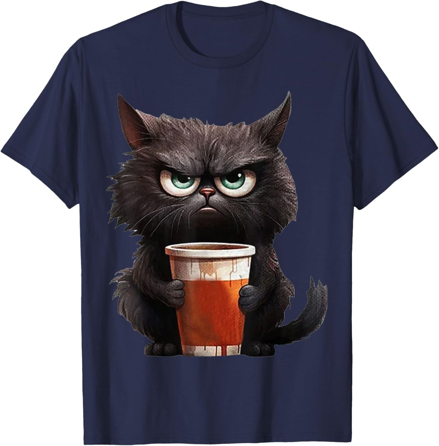 Cute Black Cat drinking coffee cup - Grumpy angry black cat Men Women Kids T-Shirt - T-Shirt | Navy