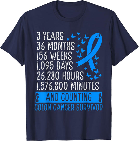 3 Years Colon Cancer Free Awareness Ribbon Movement T-Shirt - T-Shirt | Navy