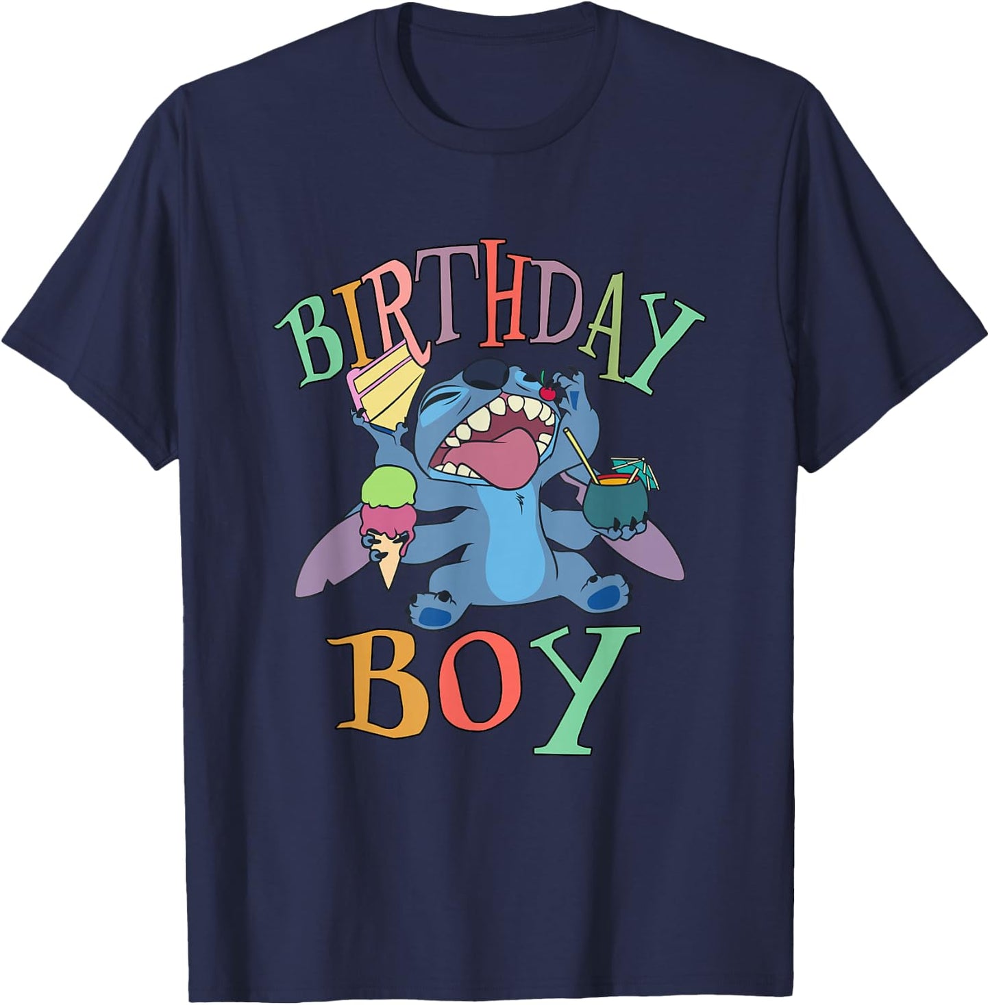 Disney Lilo & Stitch Birthday Boy Stitch Enjoying Big Logo T-Shirt - T-Shirt | Navy