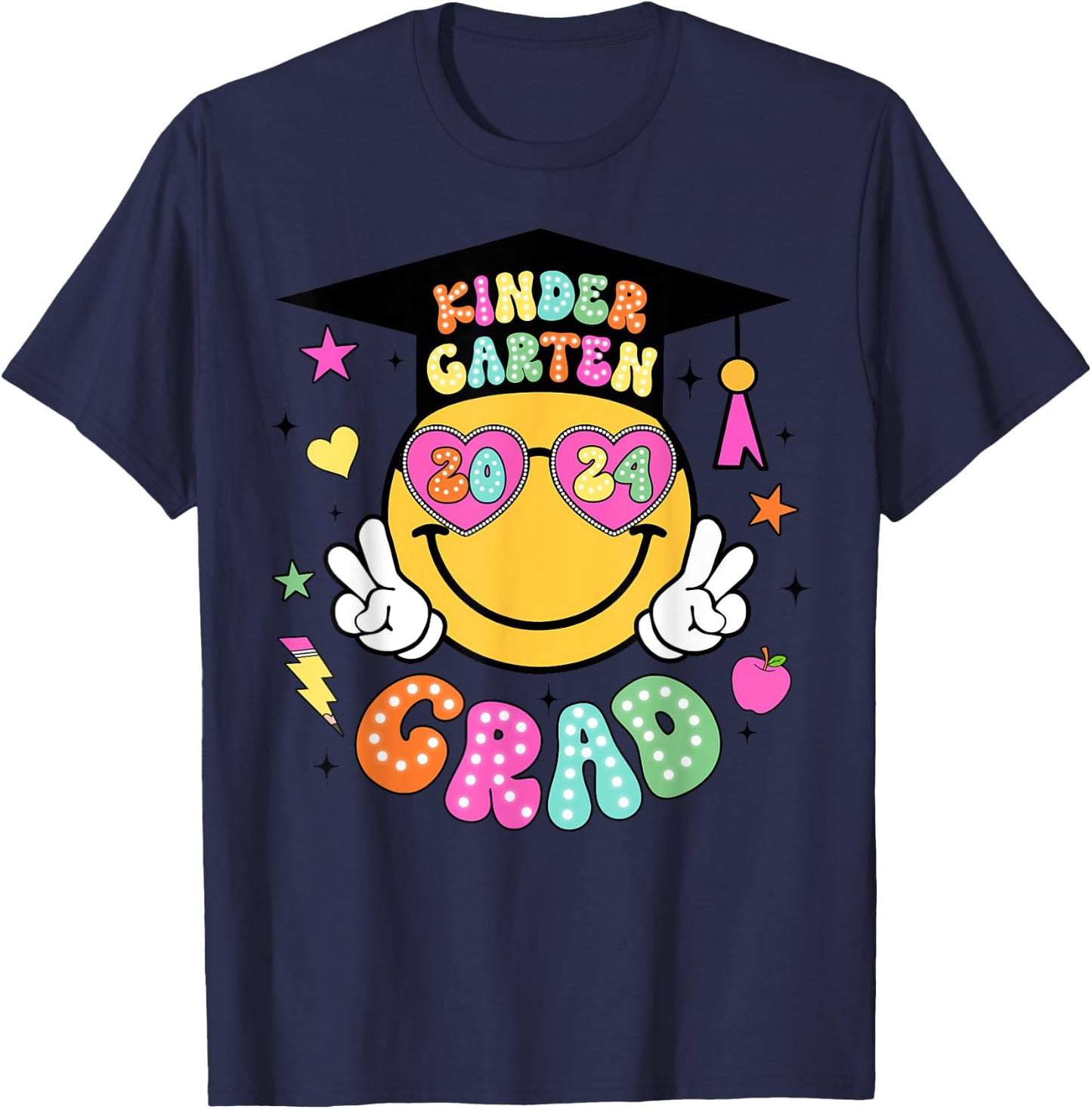Groovy Kindergarten Graduate Happy Face Graduation 2024 Grad T-Shirt - T-Shirt | Navy