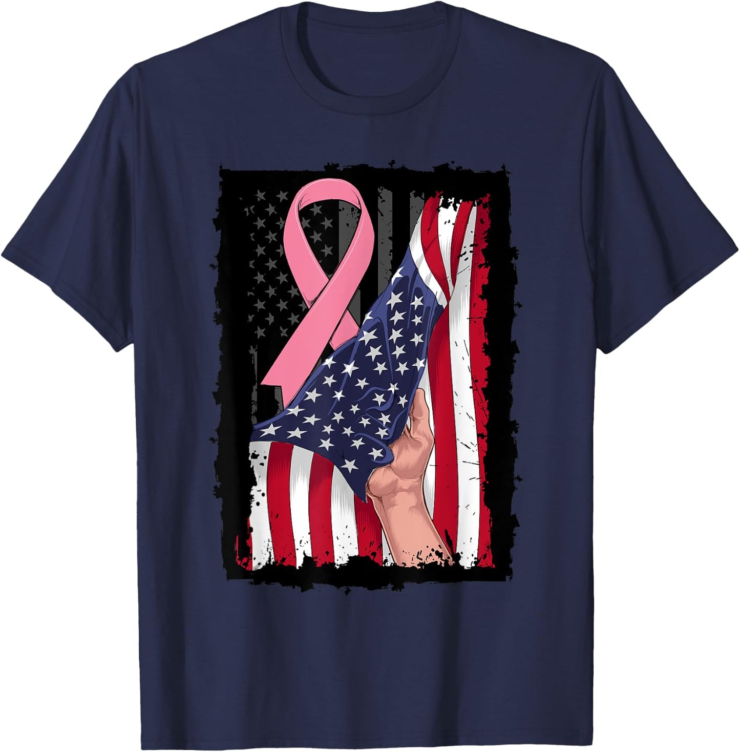 Pink Breast Cancer Awareness American USA Flag 4th of July Women Kids Men T-Shirt - T-Shirt | Navy