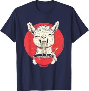 Llama Ramen Japanese Noodles Funny Llama Eating Ramen T-Shirt - T-Shirt | Navy