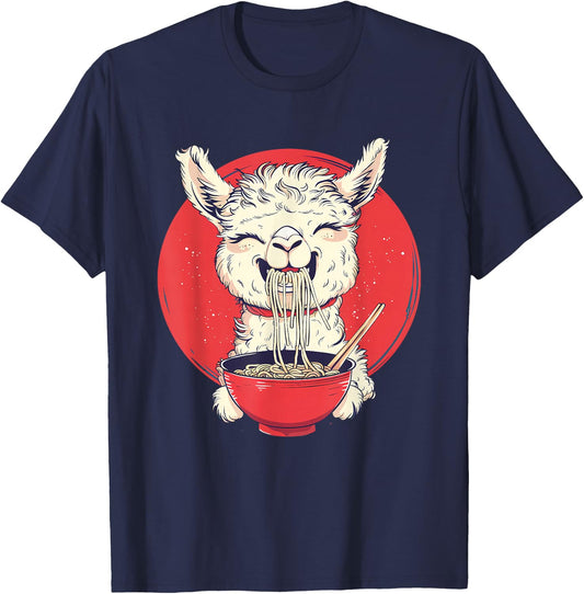 Llama Ramen Japanese Noodles Funny Llama Eating Ramen T-Shirt - T-Shirt | Navy