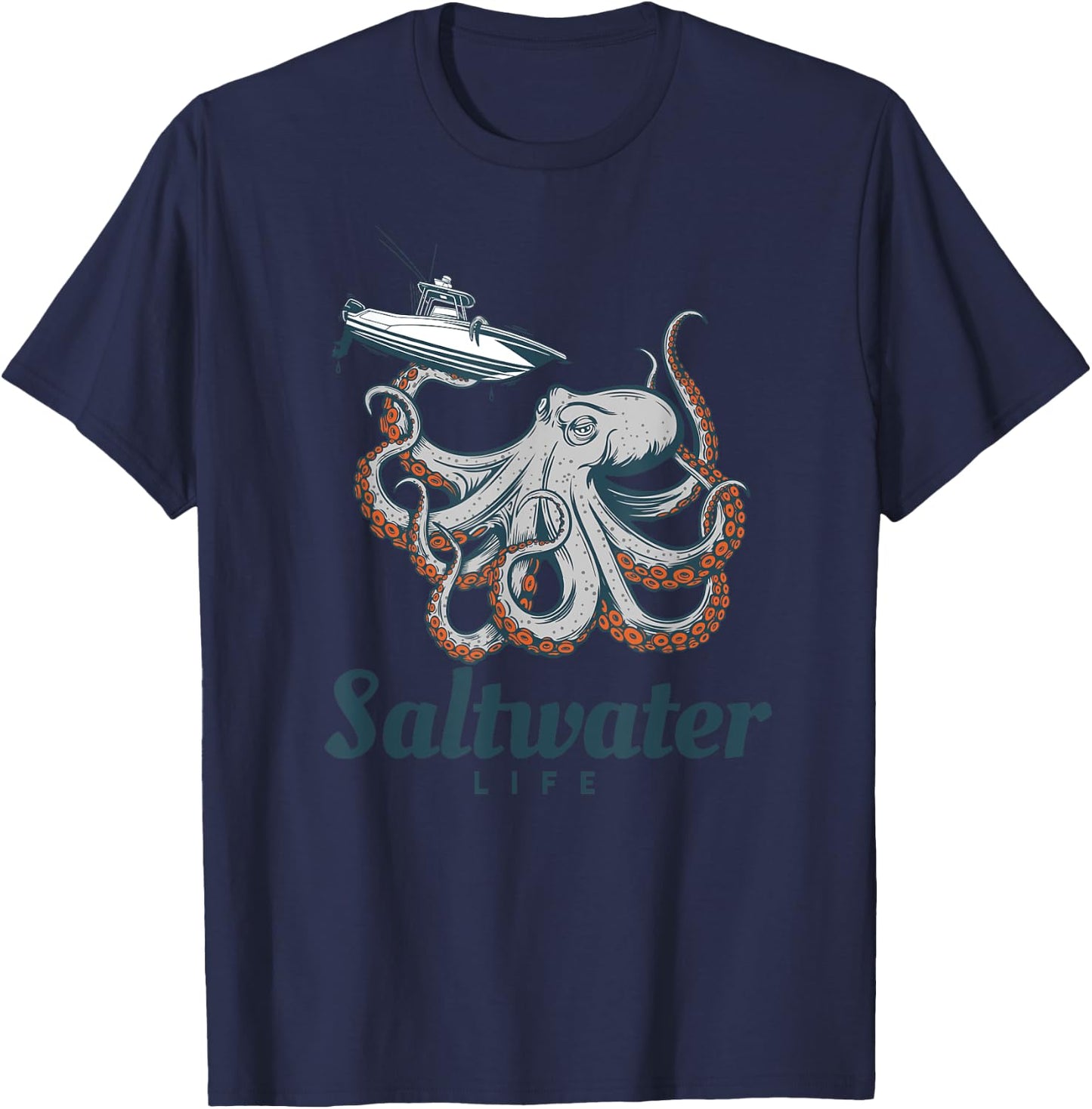 Saltwater Life Saltwater Octopus Holding a Boat T-Shirt - T-Shirt | Navy