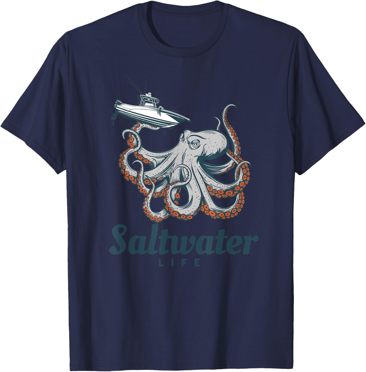 Saltwater Life Saltwater Octopus Holding a Boat T-Shirt - T-Shirt | Navy