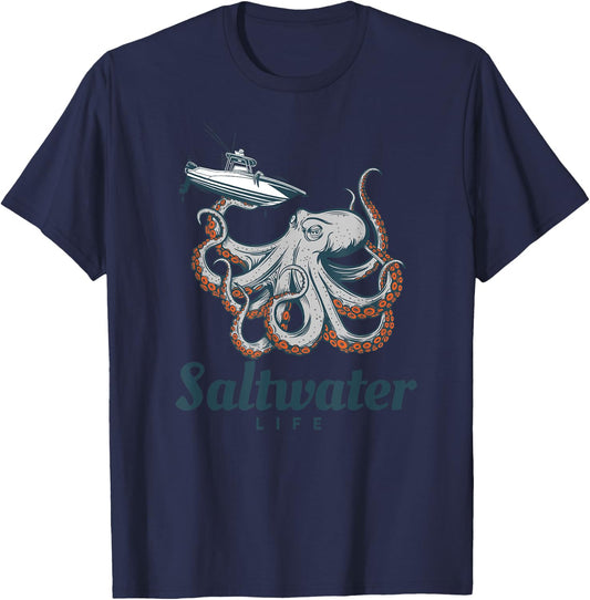 Saltwater Life Saltwater Octopus Holding a Boat T-Shirt - T-Shirt | Navy
