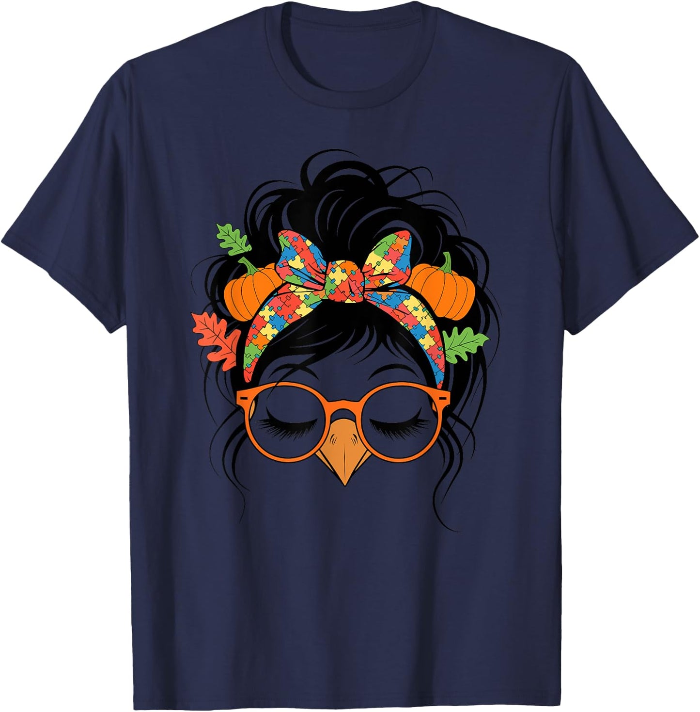 Autism Messy Bun Hair Turkey Fall Thanksgiving Girls T-Shirt - T-Shirt | Navy