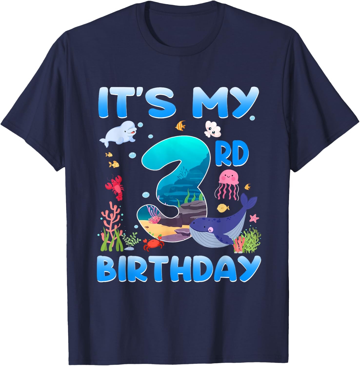 It's My 3rd Birthday 3 Years Old Kids Sea Animals Party T-Shirt - T-Shirt | Navy