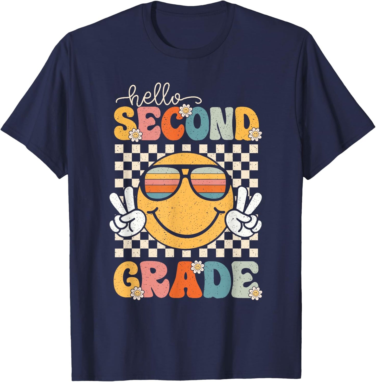 Hello Second Grade Retro 1st Day of School 2nd Grade Team T-Shirt - T-Shirt | Navy