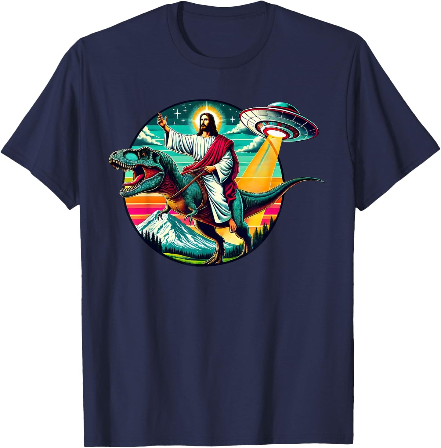 Jesus Riding Dinosaur UFO Alien Cross Religious Retro God T-Shirt - T-Shirt | Navy