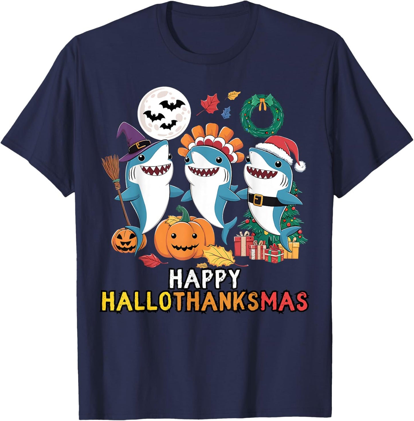 Happy Hallothanksmas Christmas Halloween, Shark Thanksgiving T-Shirt - T-Shirt | Navy