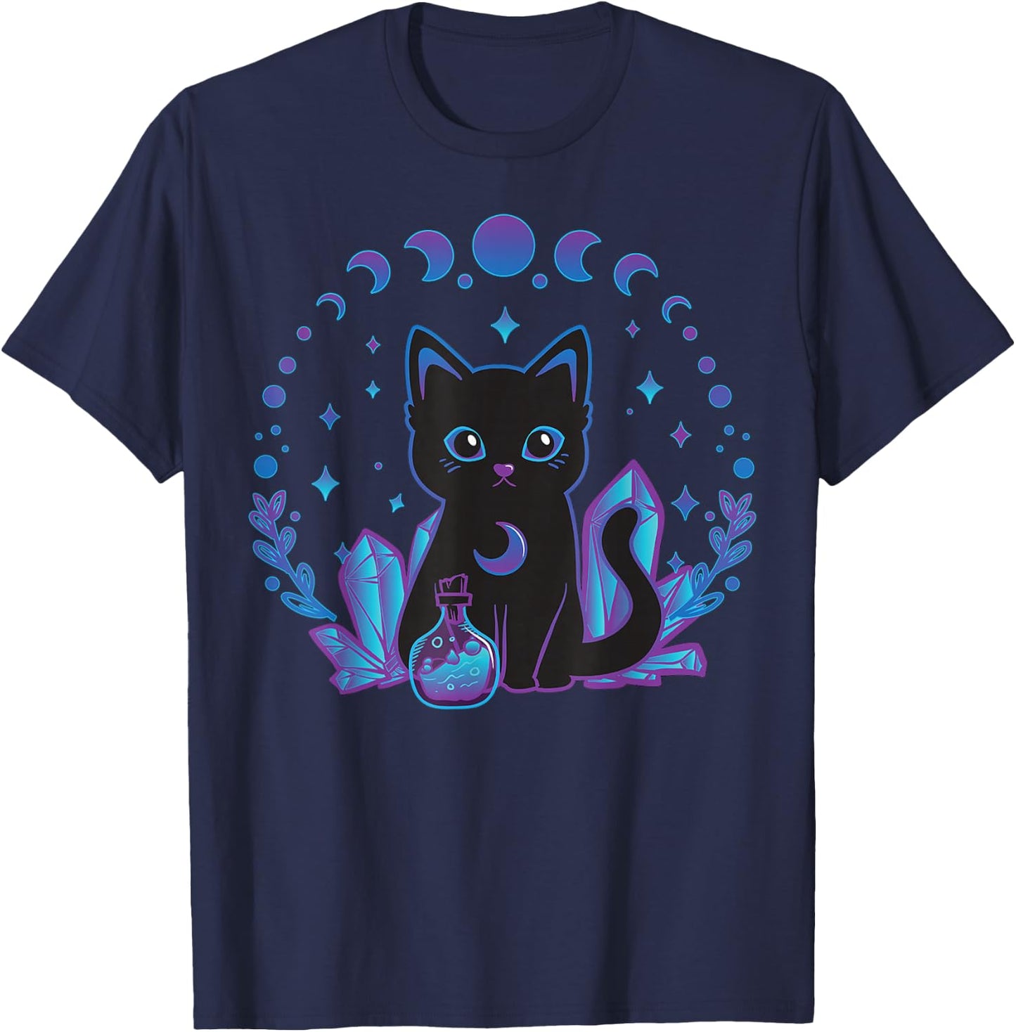 Black Witchy Cat Crystals Gothic Women Kawaii Pastel Goth T-Shirt - T-Shirt | Navy