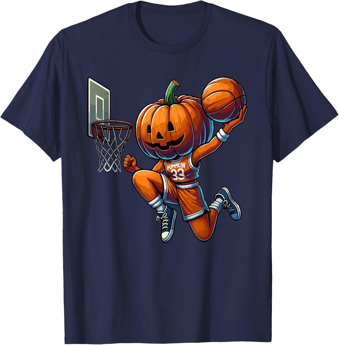 Pumpkin Playing Basketball Dunk Halloween Costume Sports T-Shirt - T-Shirt | Navy