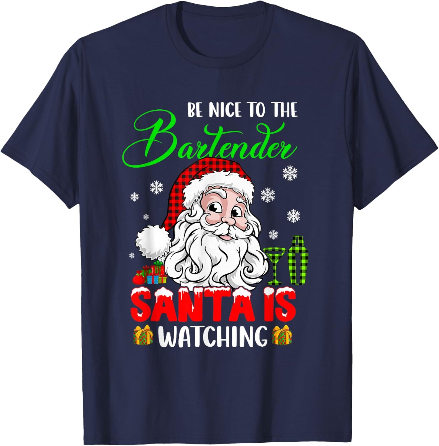 Be Nice To The Bartender Santa Is Watching Xmas Santa Face T-Shirt - T-Shirt | Navy