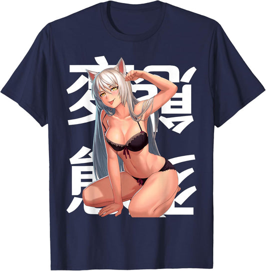 Japanese Anime Cute Kawaii Fox Lewd Waifu T-Shirt - T-Shirt | Navy