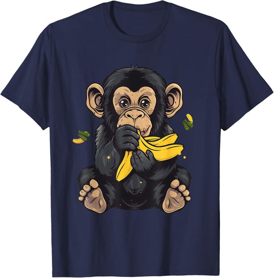 Banana Monkey Bananas Fruit Cute Monkey Wildlife Drawing T-Shirt - T-Shirt | Navy