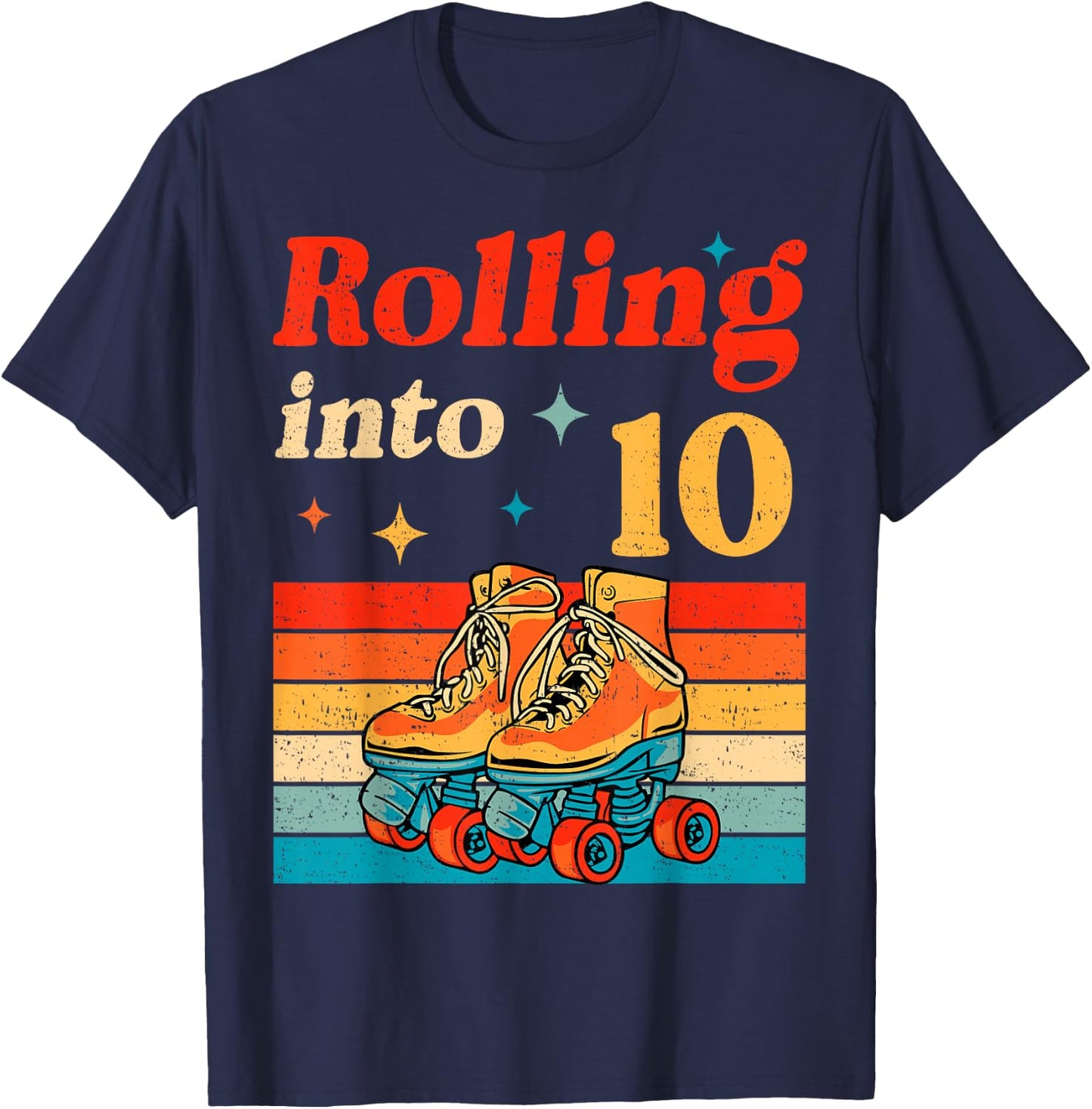 Rolling Into 10 Years Old Retro Roller Skater 10th Birthday T-Shirt - T-Shirt | Navy