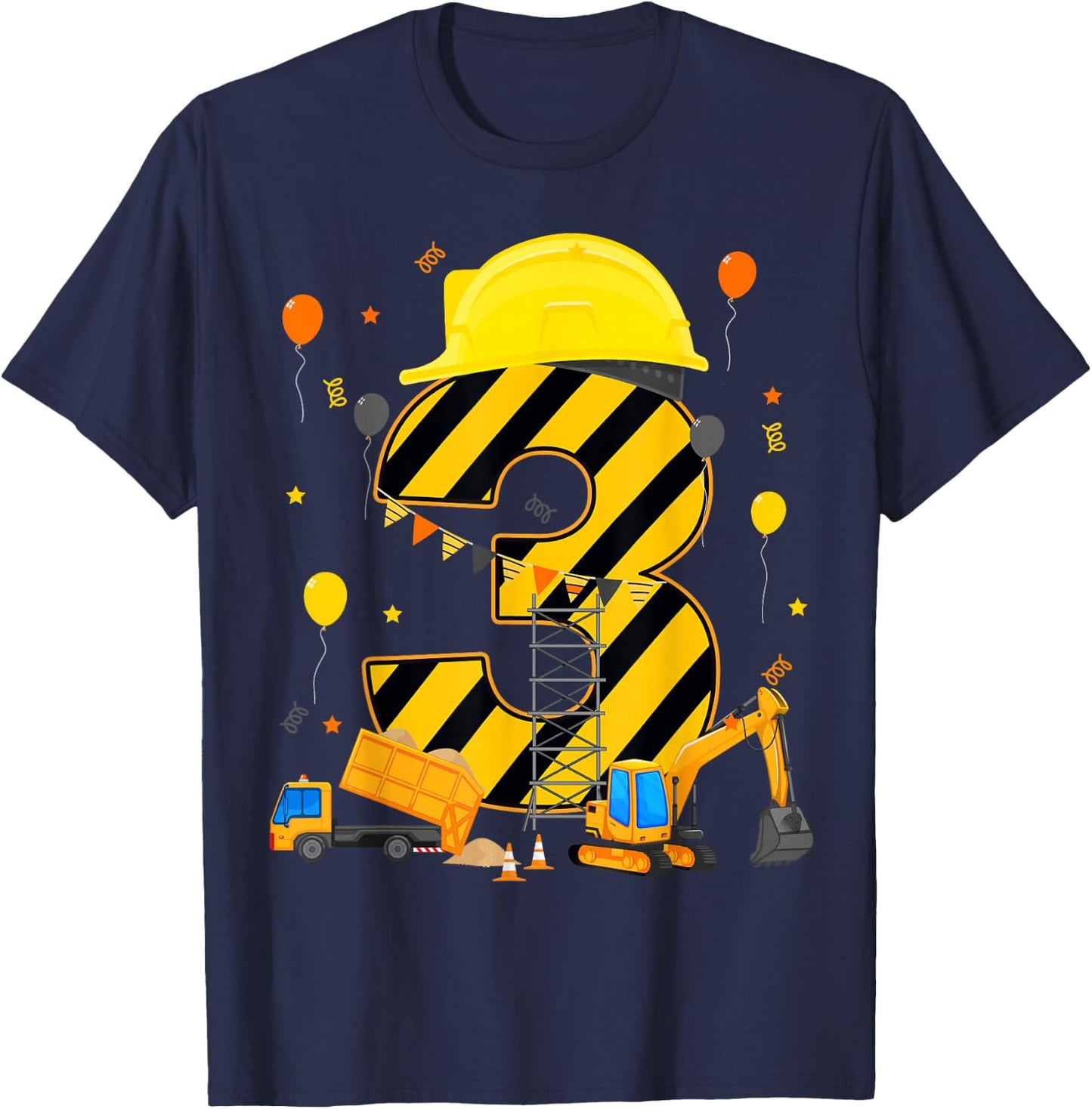 Three 3yr 3rd Birthday Construction Vehicles 3 Year Old T-Shirt - T-Shirt | Navy