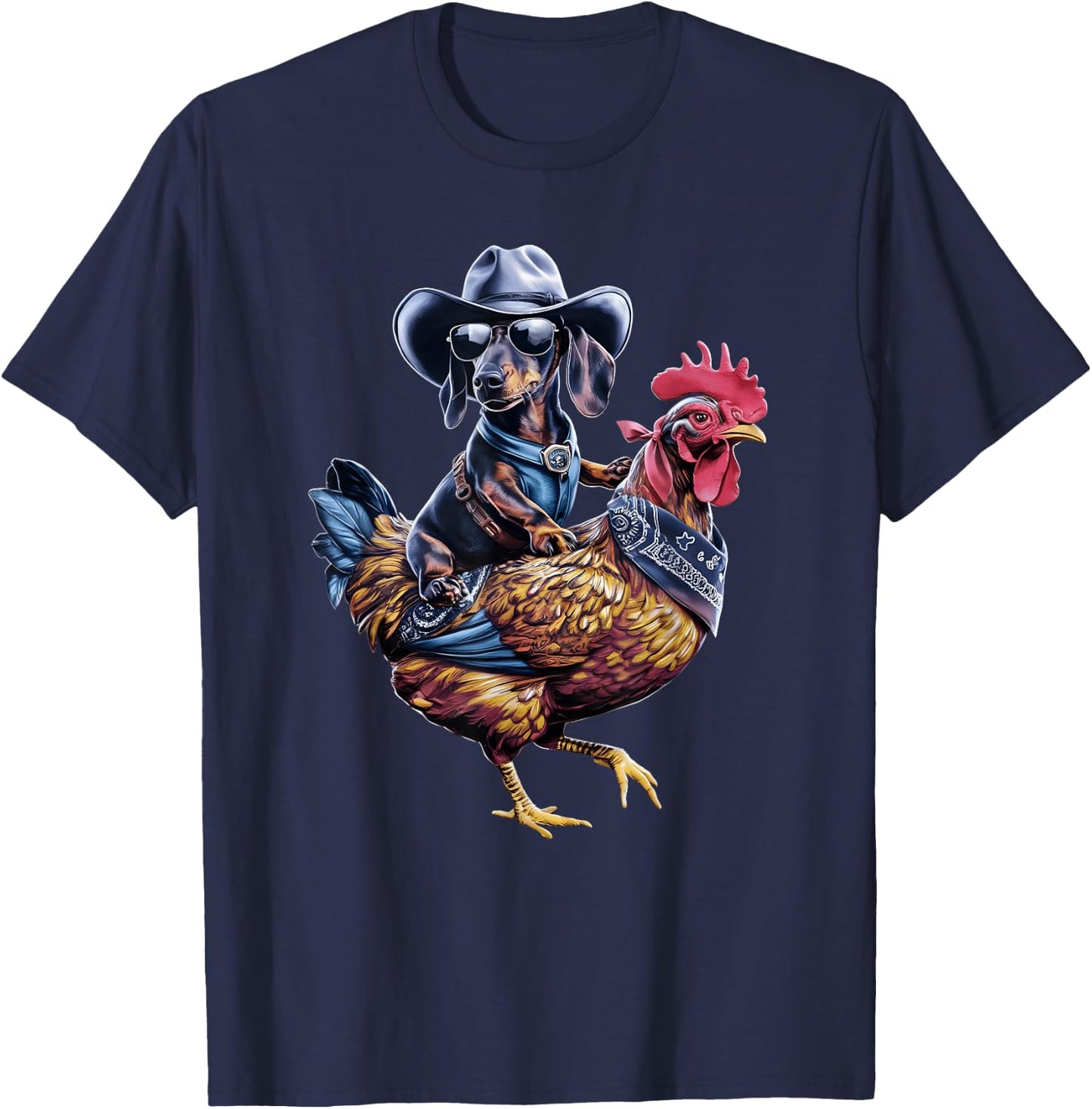 Dachshund Wiener cowboy riding a Chicken for dog lovers T-Shirt - T-Shirt | Navy
