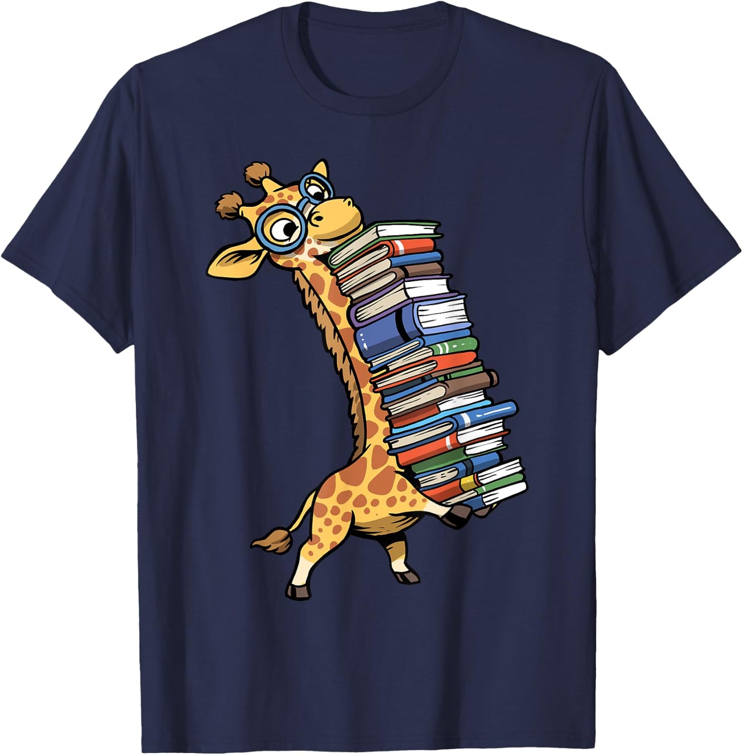 Teacher Shirt Giraffe Holding Books Funny Bookworm Librarian T-Shirt - T-Shirt | Navy