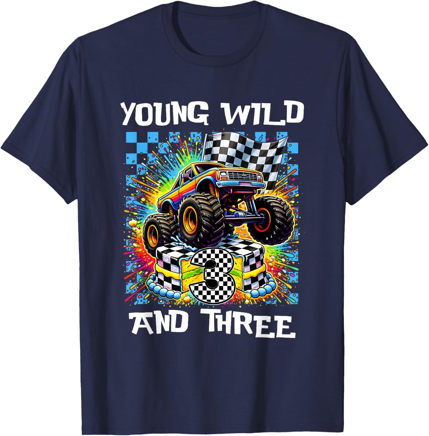 Boy Kids 3rd Birthday Monster Truck Young Wild and Three T-Shirt - T-Shirt | Navy